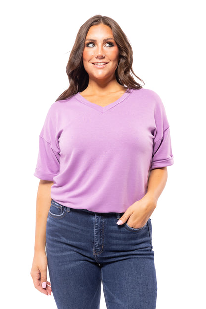 Pure Happiness Women's Casual Rolled Short Sleeve Top