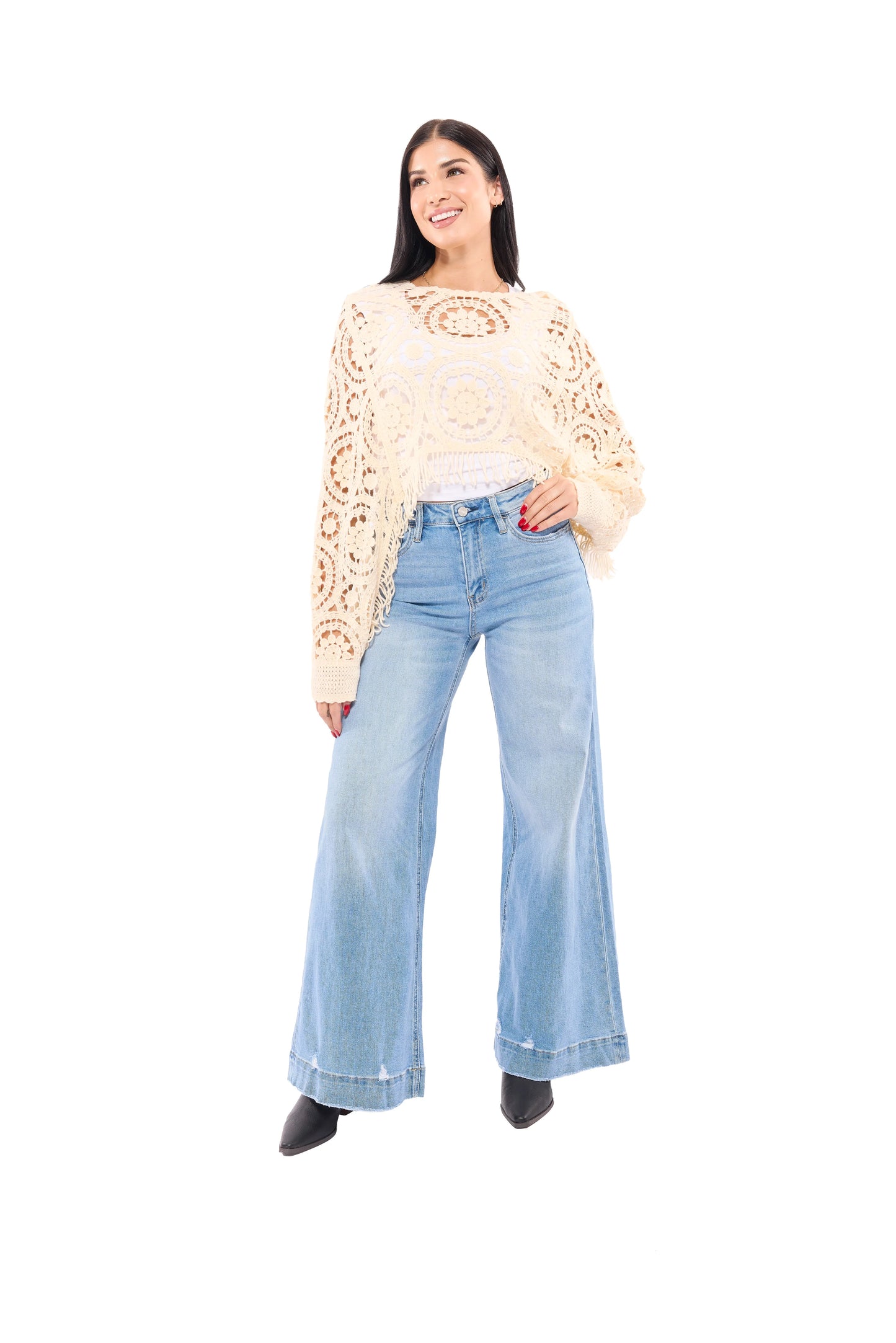 Women's Boho Long Sleeve Open Crochet Fringe Sweater Top – Available in Black & Oatmeal