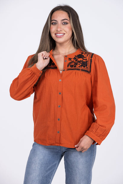 Flowers of the Desert Women's Embroidered Floral Long Sleeve Top