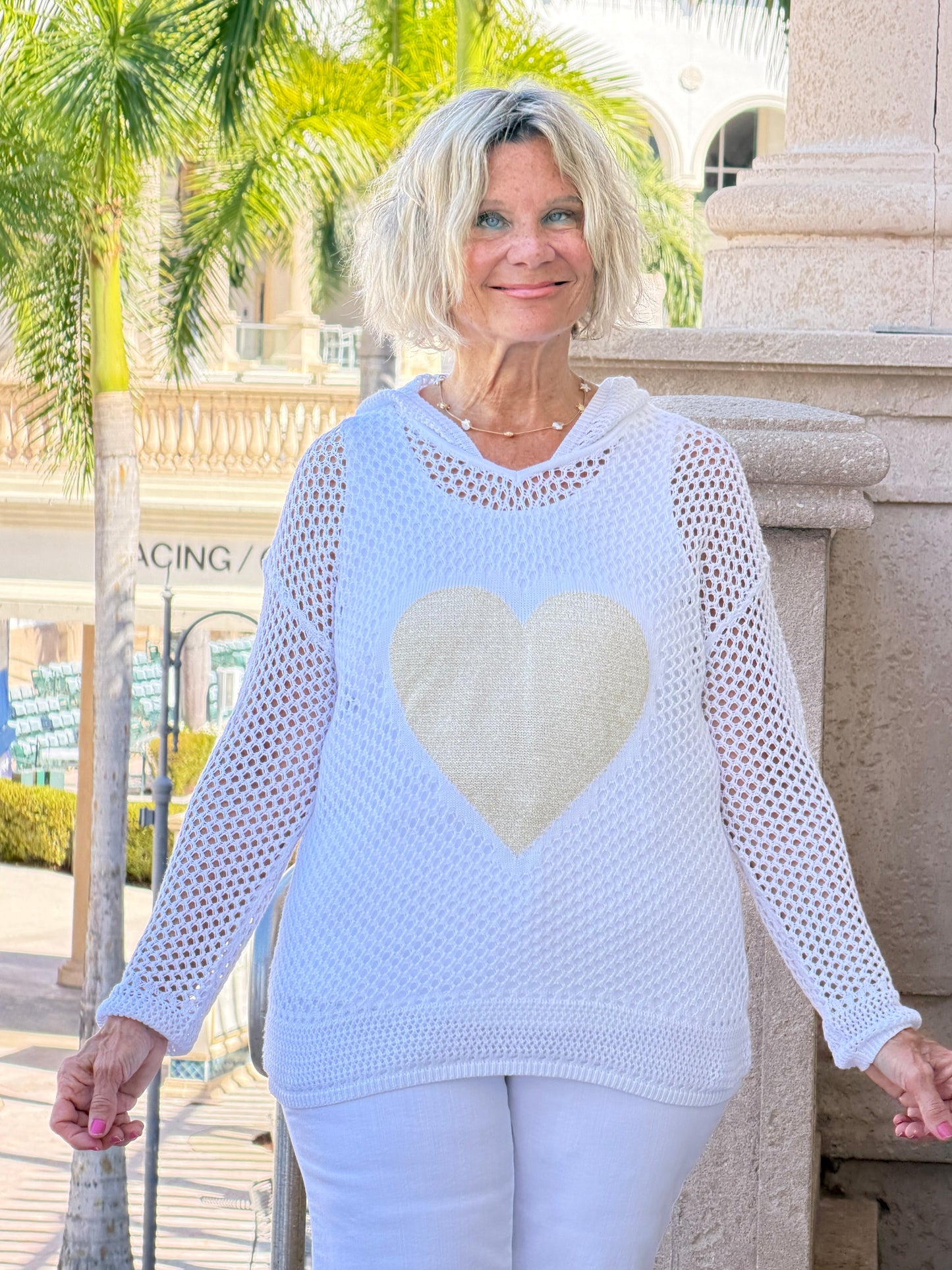 Fishnet Hoodie Sweater With Gold Heart - White