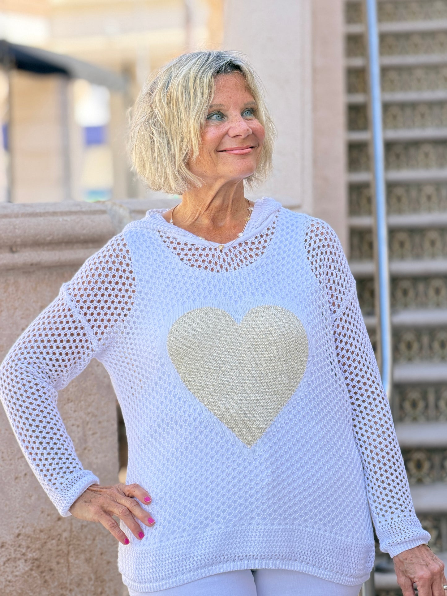 Fishnet Hoodie Sweater With Gold Heart - White