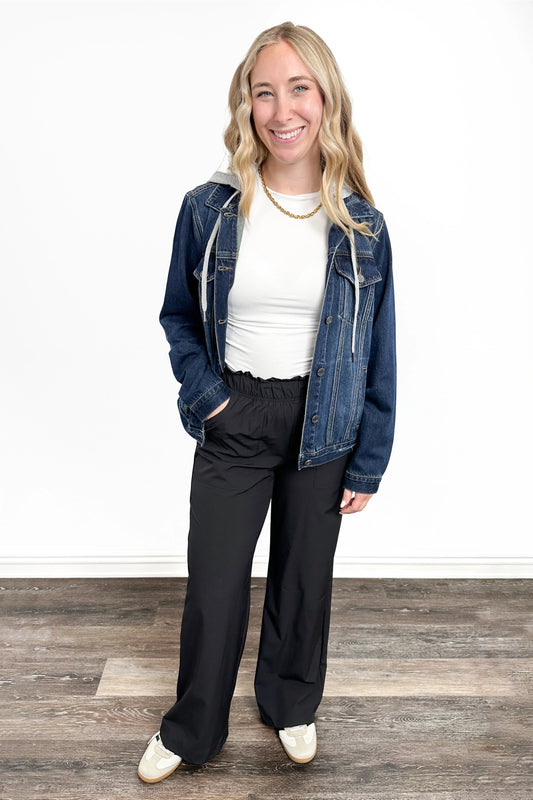 The Blaise Dark Wash Removable Hood Distressed Denim Jacket