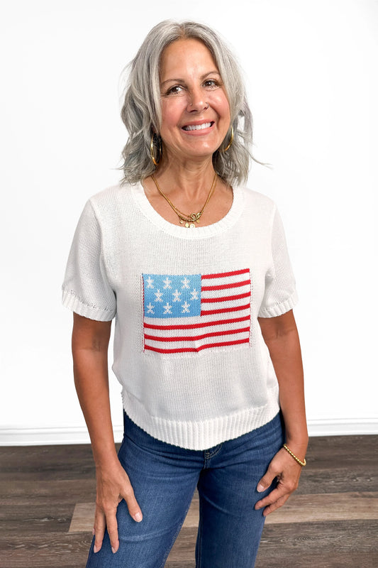 Women's American Flag Short Sleeve Sweater by Ava Lane