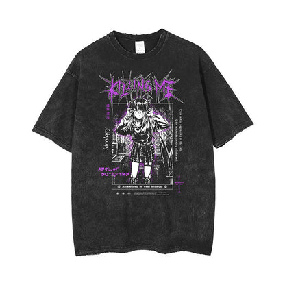 Anime Print Retro Washed Short Sleeved Loose