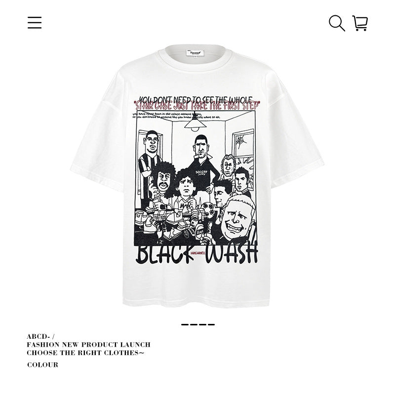 American vintage street T-shirt cotton fun cartoon print men and women summer loose