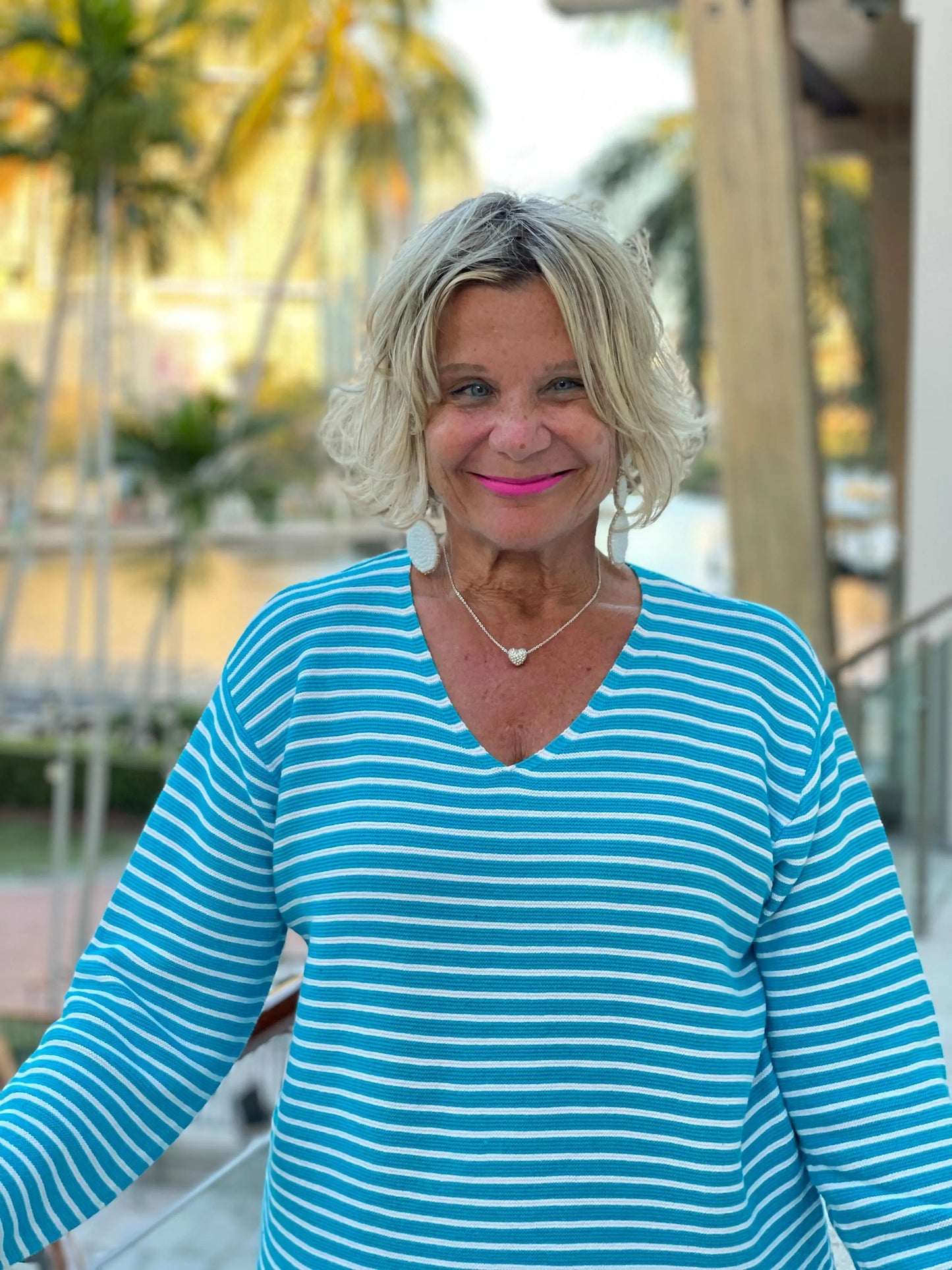 AQUA STRIPE V NECK SWEATER