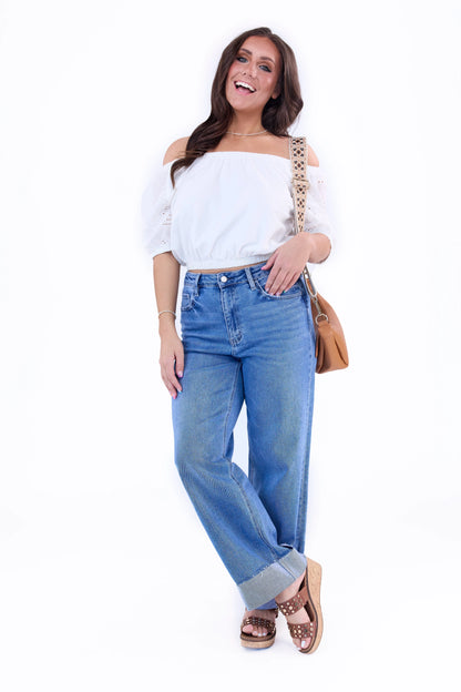 Women's Eyelet Detail Off The Shoulder Top